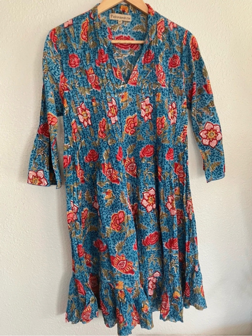 Passementrie Floral Blue Rayon knee length dress - XS